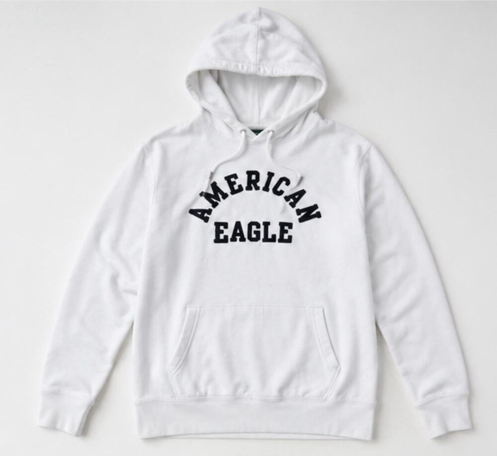 American Eagle White Pullover Hoodie Men’s Medium Logo Fleece Sweatshirt